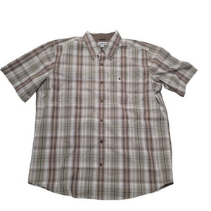 Carhartt Mens Size XL Tan Green Bellevue Plaid SS Button Up‎ Shirt 100388